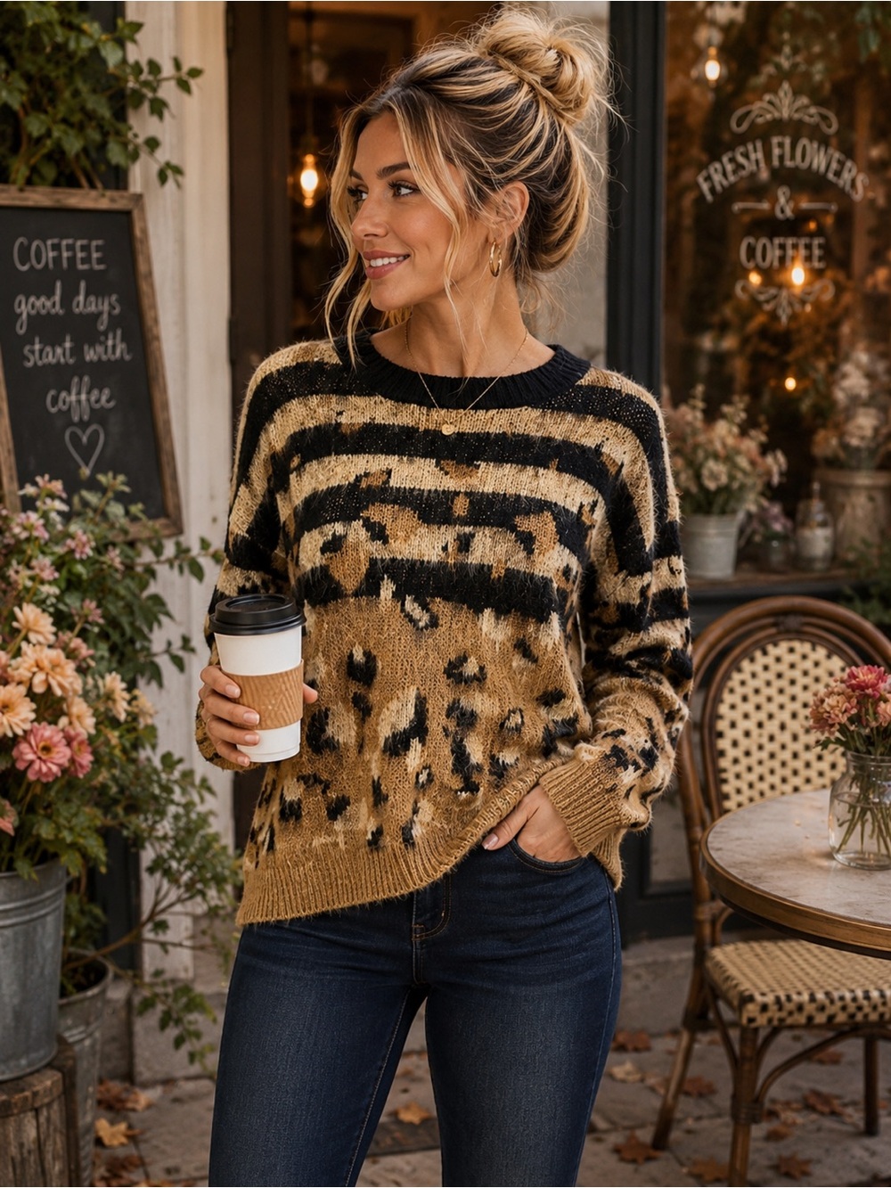 Idem Ditto Leopard Stripe Fuzzy Sweater Cozy Tan Black Pullover Size L